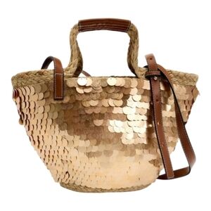 Zara Sequin Straw Tote Bag - Gold and Brown